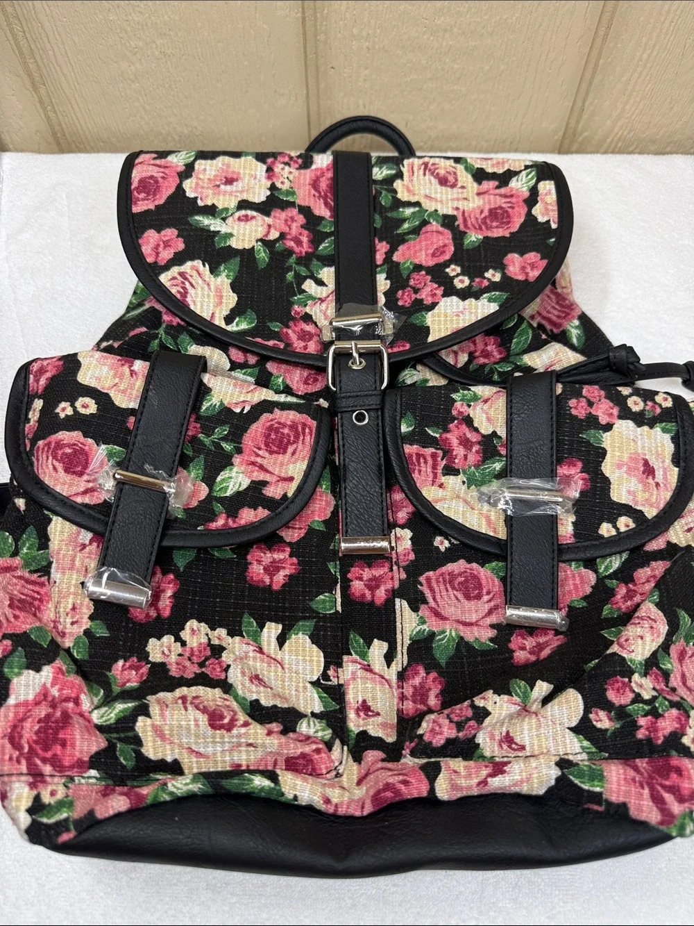 NEW Mudd Y2K Floral Canvas Backpack Pink Roses Black Cottagecore Grunge Romantic